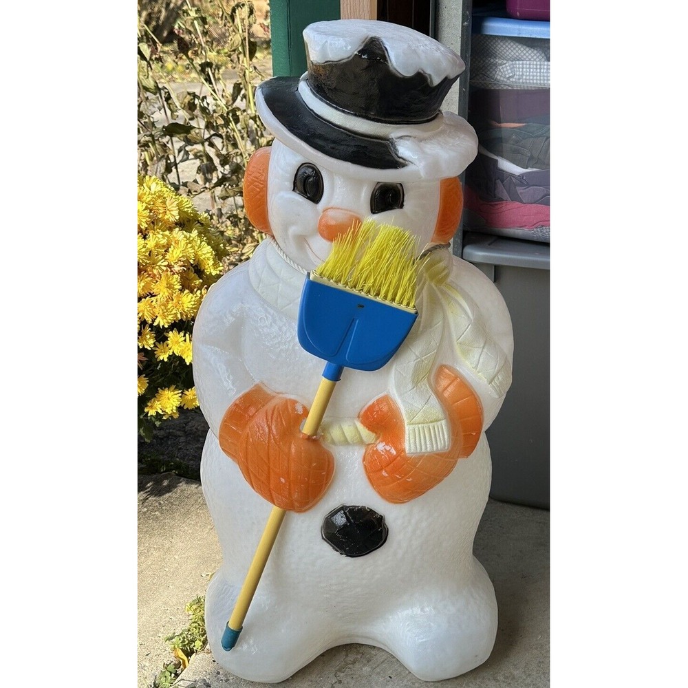 Vintage Christmas Snowman Blow Mold Figure With Hat And Real Broom 30" Tall